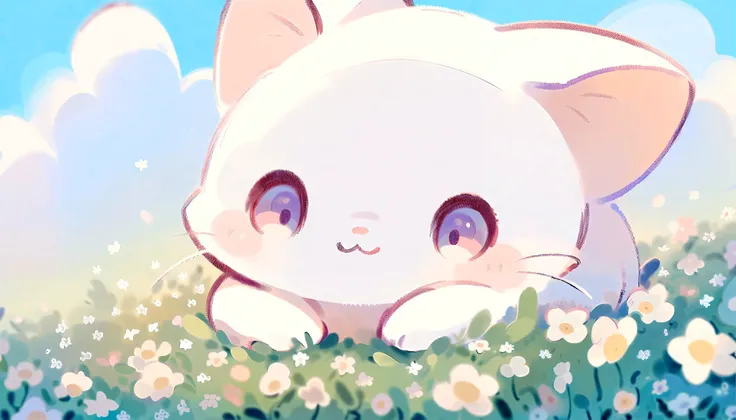 cartoon cat and kittens In a field of flowers with a sky background, Animated visual of cute cats, Kawaii cat, Cute cat, Lovely artwork, sitting In a field of flowers, In a field of flowers, Cute anime, Soft anime illustration, by Eizan This is a gift, Ill...