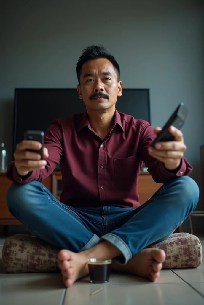 Indonesian man, 40 years old,Very short hair,Maroon long sleeve formal shirt,Black buckle,Blue jeans,Sitting cross-legged behind a shabby bolster pillow on the ceramic floor,Holding the TV remote,Mustache,Facial expressions watching TV, TV light bias on th...