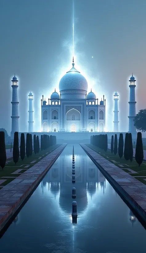 "A mystical, glowing aura surrounding the Taj Mahal, as if theres something hidden beneath its surface. The scene should give off a sense of revelation and surprise."