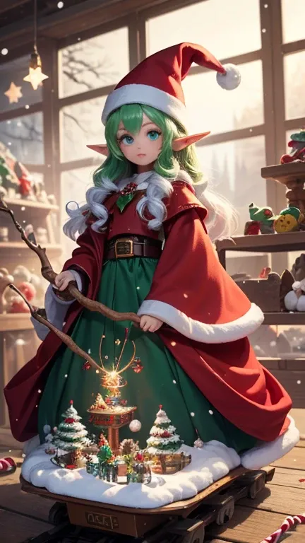 A vibrant and magical fantasy artwork featuring the female Elf Mage inside a whimsical toy factory. The female Elf Mage is clad in green armor adorned with red and white details, inspired by Santas elves. They wield a candy cane-shaped staff radiating magi...