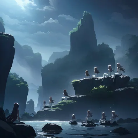 A group of mermaids perched upon a rocky outcrop sings a bewitching song

