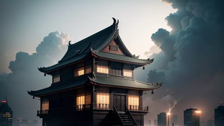 Multi-level cornices ： A new Chinese building stands in a trendy commercial district，The picture focuses on the roof of a new Chinese building ， roof design incorporates traditional Chinese cornices ， but hides steam piping devices under each floor， releas...