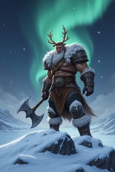 A dramatic fantasy artwork featuring the Reindeer Barbarian standing powerfully atop a snowy hill under a dark, starry sky illuminated by the aurora borealis. The Reindeer Barbarian wears rugged brown armor with antler-like decorations, inspired by a reind...