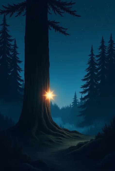 Coniferous forest, Night, starry sky, Behind a tree trunk, a star shines a bit brighter. 