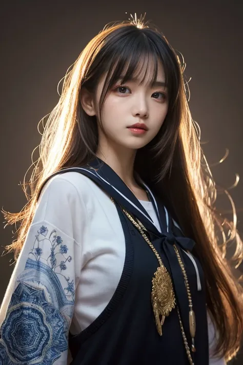  idol-like  , long hair , straight hair , Round face , bust up ,  sailor suit  ,  as pictured  ,   Official Art , Unity 8k wallpaper , Ultra Detailed , beautiful、And aesthetic ,masterpiece, top quality ,(zenTangle, Mandala, Tangle, enTangle),( fractal art:...