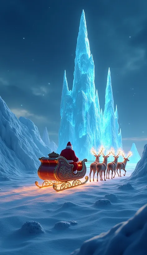 A frozen ocean with glowing icebergs, where Santa’s sleigh glides over the icy surface, pulled by reindeer with antlers shimmering like stars.