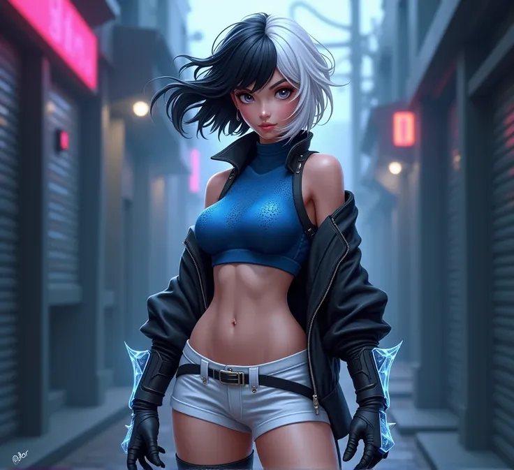 A highly detailed, stylized female character with a striking appearance. She has short, wavy hair that is split into two colors: black on one side and white on the other, flowing slightly. She is wearing a sleek, modern outfit featuring a cropped blue top ...