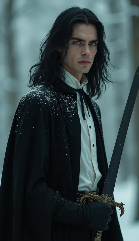 full body, Plano general, A young man, rangy, with an attractive face and perfect slim features., long black hair, Yellow eyes, beautiful black eyebrows, a vampire, a thoughtful expression on his face., with a snow-white shirt and a black cape, a dagger in...