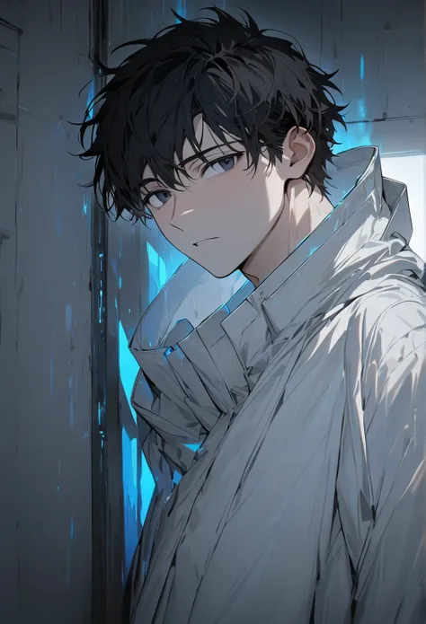 (Masterpiece, high resolution, best quality), solo, 1 male, 20-years old man, handsome, short black hair, black eyes with glow blue, white straight jacket, upper body, looking at viewer, solitary confinement in a mental hospital, Masculine face, handsome f...