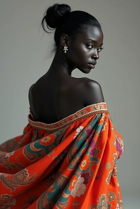  I just want you to create a black, beautiful model, female model with colorful wearings and monochromatic background.