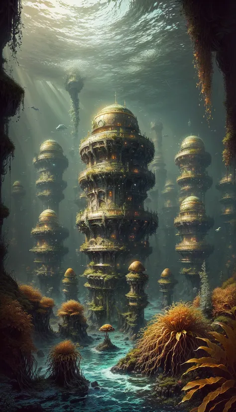 there is a picture of a futuristic city in the middle of the ocean, an underwater city, underwater city, surreal concept art, futuristic underwater metropolis, undersea temple, underwater mushroom forest, inspired by tomasz alen kopera, mystical sci-fi con...