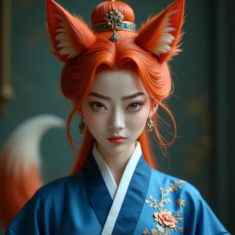 (best quality,4k,8k,highres,masterpiece:1.2),ultra-detailed, 1girl, Chinese fox spirit Su Daji, red hair, blue traditional Chinese dress, cunning, seductive, flirtatious smile, HDR, 8k, absurdres, cinestill 800, sharp focus, (solo, woman) ((Masterpiece, be...