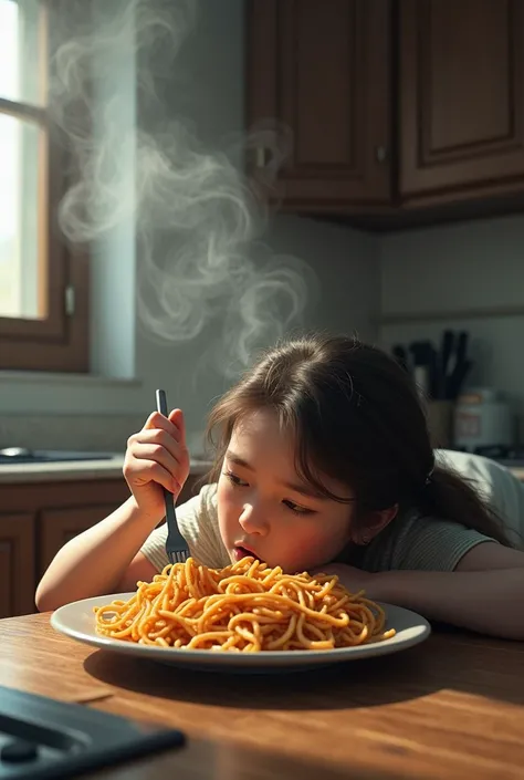 a teenager : burnt noodles, smoke is coming from her ,  she is lying on a flat plate ;  holding a fork in his hand,  the picture is realistic as if it happened in real life