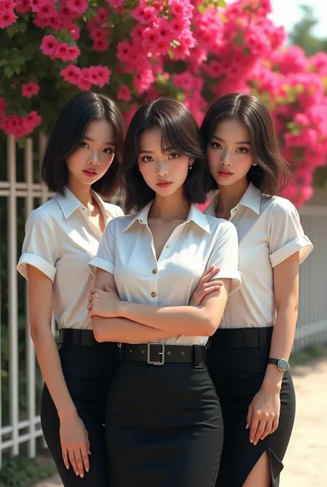 Thai women with short hair, white collared very short skirt sleeves, belt, short black pencil skirt, stranding with very seductively, white fence, bougainvillea.