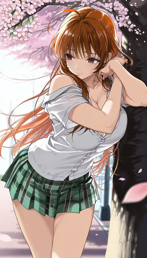 score_9, score_8_up, score_7_up, 1girl, solo, beautiful waifu, thicc, tall, mature sexy woman, (Aya Natsume, natsume aya, orange hair, long hair, brown eyes, ahoge:1.2), wearing (white school uniform, skirt, short skirt, plaid, green plaid skirt:1.1), (sho...