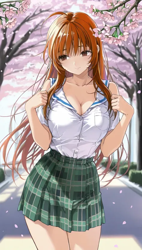 score_9, score_8_up, score_7_up, 1girl, solo, beautiful waifu, thicc, tall, mature sexy woman, (Aya Natsume, natsume aya, orange hair, long hair, brown eyes, ahoge:1.2), wearing (white school uniform, skirt, short skirt, plaid, green plaid skirt:1.1), (sho...