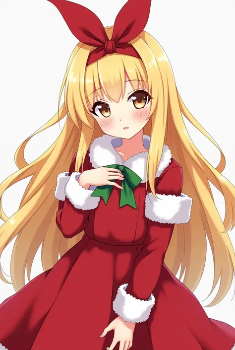 Anime style, a girl with a long blonde hair, christmas dress with fur, on the head pin a bow