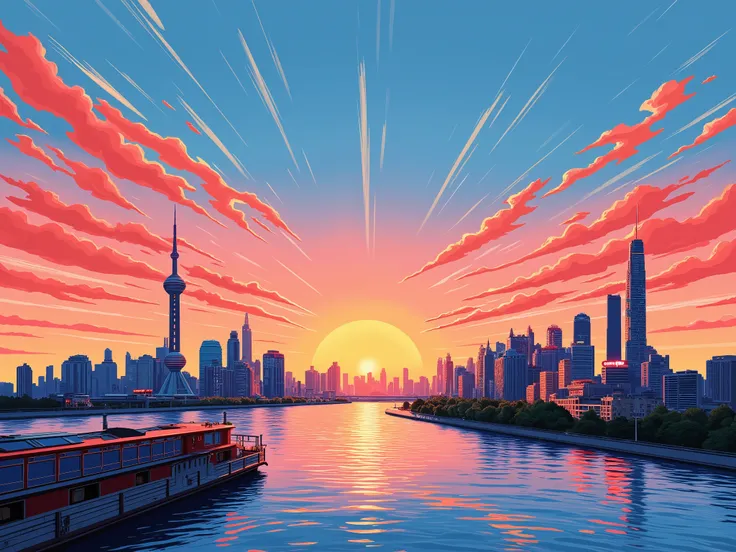  vector illustration light and dark simple style，sketch
 (Shanghai, China， Oriental Pearl Radio and TV Tower:1.4)，City skyscrapers，Scenery of the Bund ，Sun rays， Using Psychedelic Color Schemes ，Ultra-detailed illustrations， Light Red and Sky Blue ， Imagin...