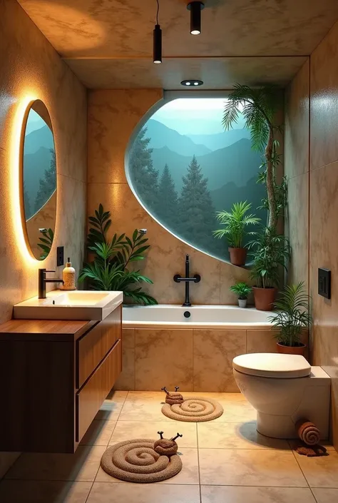  Your interior design of a modern bathroom with a caracol theme Cool with warm and cold colors:  Snail themed lighting on the bathroom ceiling with the following specifications :
 LED lights embedded in the ceiling ,  In the decoration :
tiles:  You can us...