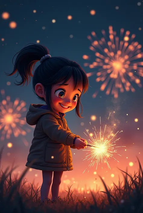 A girl play firework in night day with other firework launcher at the sky.