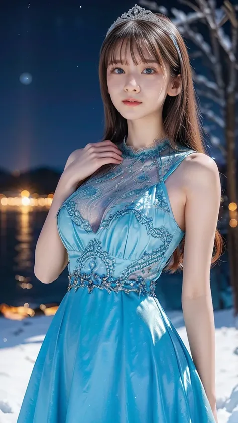 (a beautiful european young girl in a teal blue dress), ((teal blue lace dress)), (high-necked long dress), beautiful young girl, ((large breasts)), tiara, (in a beautiful snowy landscape), high contrast, vivid colors, (graceful atmosphere), (best quality,...