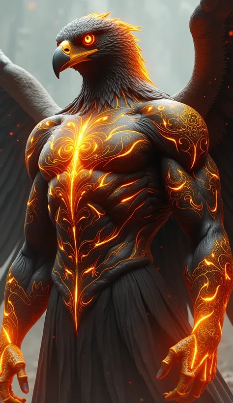 A massive, towering anthropomorphic eagle with an overwhelmingly muscular and godlike physique, covered in glowing, intricate golden-orange arcane tattoos that pulse with energy. The eagles sharp feathers are sleek and subtly textured, adding depth and con...