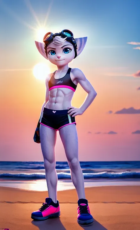 Rivet, tail, furry girl, 1girl, solo, young, pink sport shorts, pink sport bra, black soccer shoes, ocean background with sun set , standing, detailed body fur, detailed body, detailed eyes, detailed face, athletic, skinny, high quality, masterpiece, goggl...