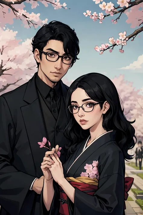 A Japanese woman with wavy black hair and a Japanese man with straight black hair born from among the cherry blossoms. The woman is wearing a black kimono and glasses. The man is wearing a black suit and glasses. American comic style.