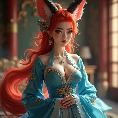 (best quality,4k,8k,highres,masterpiece:1.2),ultra-detailed, 1girl, Chinese fox demon Su Daji, red hair, blue traditional Chinese dress, cunning, seductive, flirtatious smile, seducing her way through the palace, HDR, 8k, absurdres, cinestill 800, sharp fo...