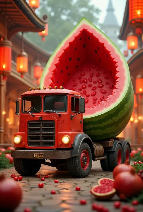 A creative image of a truck or container designed as a watermelon slice, surrounded by Yalda-themed elements such as pomegranates, small lanterns, and a festive atmosphere.