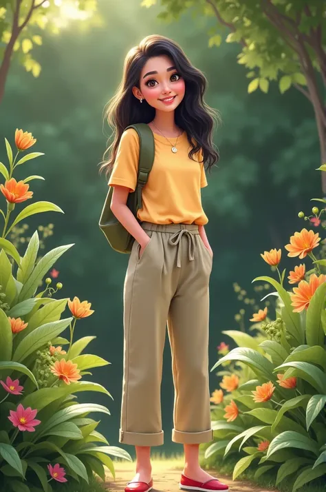 A cute looking Indonesian woman is standing full body wearing casual shoes in the garden