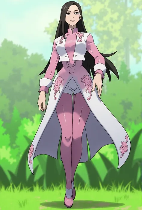 Pokémon: A female beautiful  grass type gym leader trainer that wears a cherry blossom inspired avant garde attire, She has a very avant garde attire, Pink and White colorway. Long Flowing black hair. Full body view. small eyes. She has a very small eye sh...