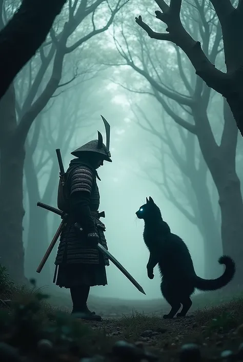 "Describe an image where a fierce [samurai] and an eerie [scary cat] are locked in an intense stare at each other, standing in a misty, ancient forest at dawn. The samurai is wearing traditional armor, holding a katana, while the cat, with glowing eyes and...