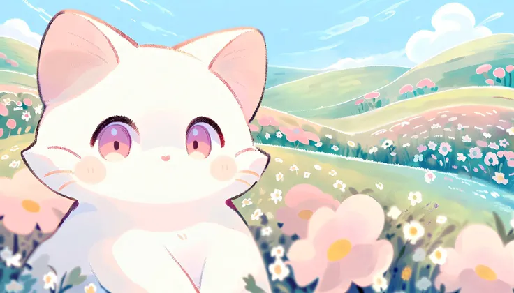 cartoon cat and kittens In a field of flowers with a sky background, Animated visual of cute cats, Kawaii cat, Cute cat, Lovely artwork, sitting In a field of flowers, In a field of flowers, Cute anime, Soft anime illustration, by Eizan This is a gift, Ill...