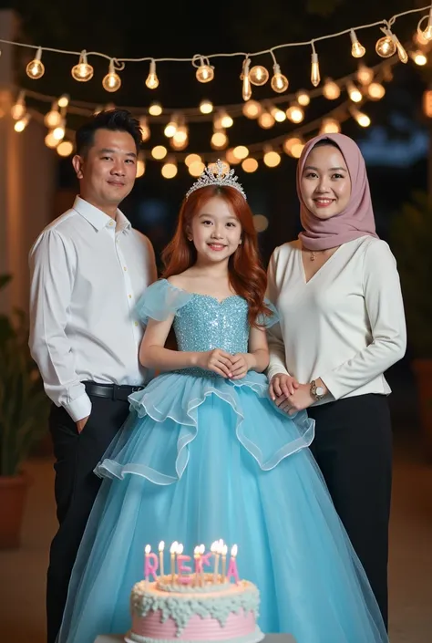 the best photo shoot of a birthday celebration photography of a beautiful  Korean  with shoulder length wavy reddish brown hair styled in a half bun. wearing a beautiful blue and blue dress like a Cinderella princess and also wearing a beautiful pearl crow...