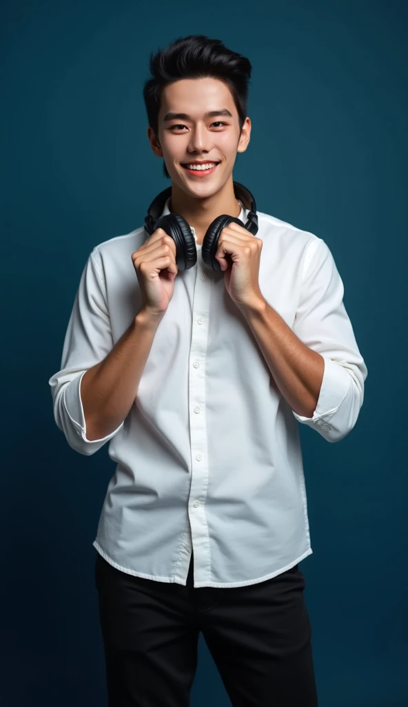 全身Face me，Front view，Face me，Full body facing the camera， stand confidently in front of the dark blue background，Look relaxed ，With headphones on the head ，Put your hands on the headphones ，Half-length portrait，（best quality， masterpiece， high resolution， ...