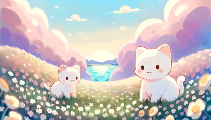 cartoon cat and kittens In a field of flowers with a sky background, Animated visual of cute cats, Kawaii cat, Cute cat, Lovely artwork, sitting In a field of flowers, In a field of flowers, Cute anime, Soft anime illustration, by Eizan This is a gift, Ill...