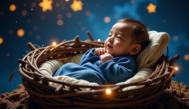 Baby Yesu, or Jesus, holds profound significance in Christian tradition. The serene and heartwarming scene you described, with the baby wrapped snugly in a blue blanket, nestled in a carefully crafted nest of twigs adorned with small, warm lights, beautifu...