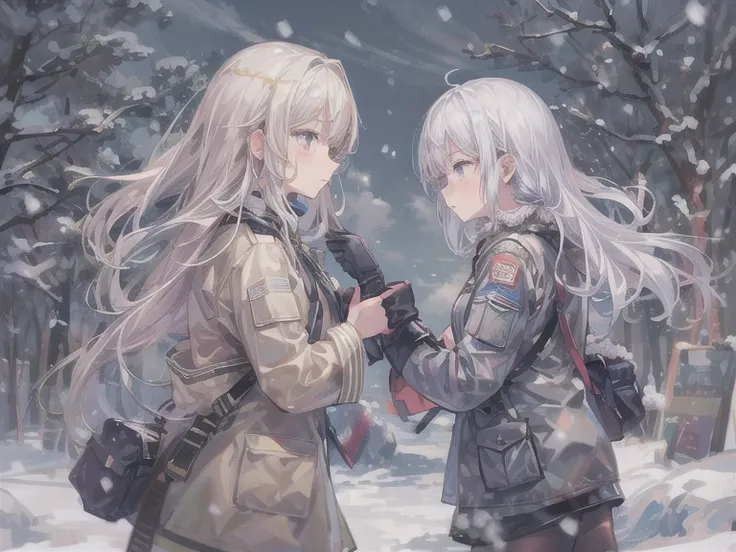 masterpiece:1.2,  best quality  ,two girls ,Embrace ,pixiv, anime girl ， Girl 1 has long golden hair。 Girl 2 has short white hair。Wearing off-white camouflage uniform ,ten years old，modern battlefield，On the snow,(look away:1.5)。Action Active 