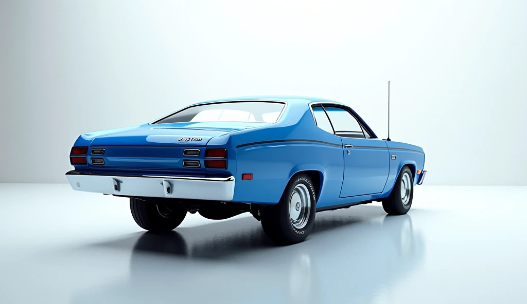 A captivating and futuristic image of the 1980 Plymouth Duster  is displayed in a luxurious white showroom. Back straight view in blue colour