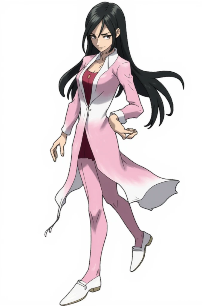 Pokémon: A female beautiful  grass type gym leader trainer that wears a cherry blossom inspired avant garde attire, She has a very avant garde attire, Pink and White colorway. Long Flowing black hair. Full body view. small eyes. She has a very small eye sh...