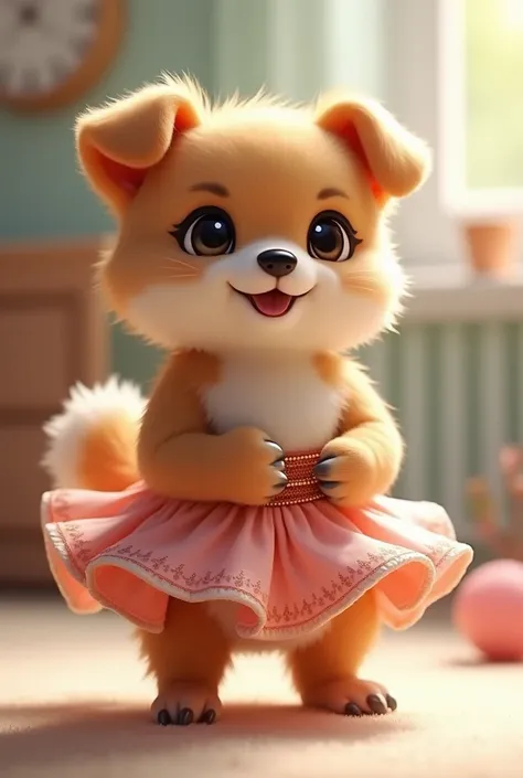 Cute but formidable baby dog wearing a flared skirt 