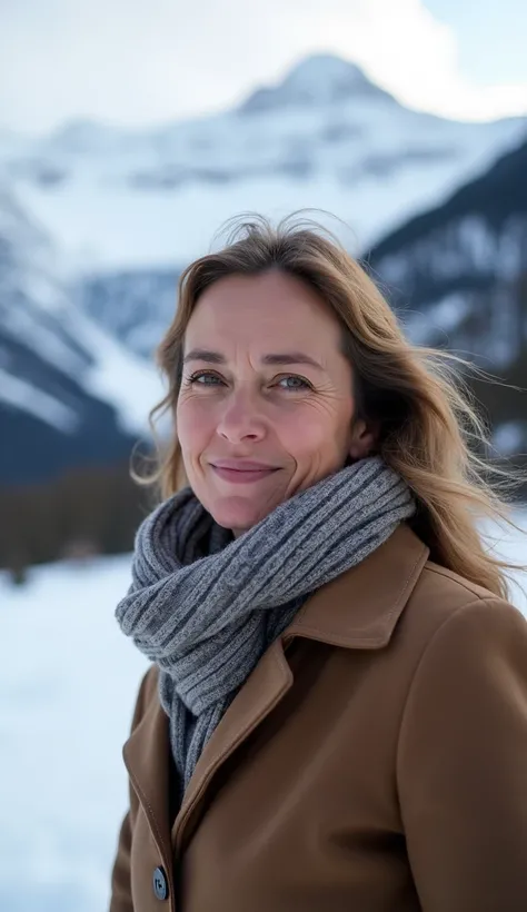 A 37-year-old woman with a kind expression, wearing a scarf and coat, standing near a snowy mountain landscape.