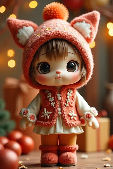 Kit-shaped soft toy in the New Year theme in a hat and boots beautiful New Years blouse,  masterpiece fails, 8 k,  intricate details, bright colors,  better quality ,