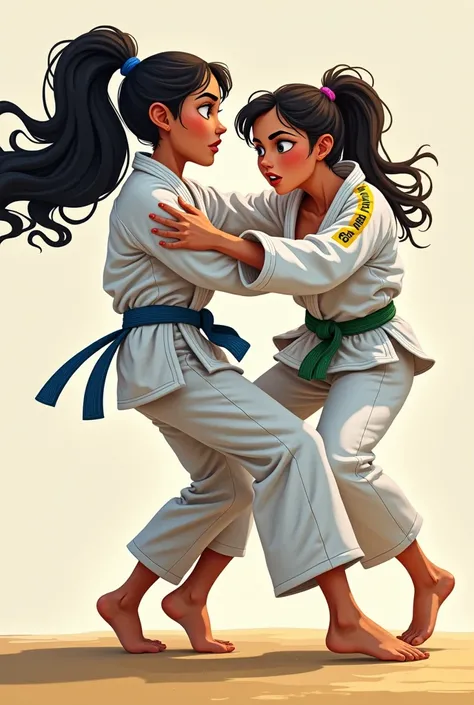 Cartoon, Brazilian Grils fighting Brazilian  jiu-jitsu with a gi