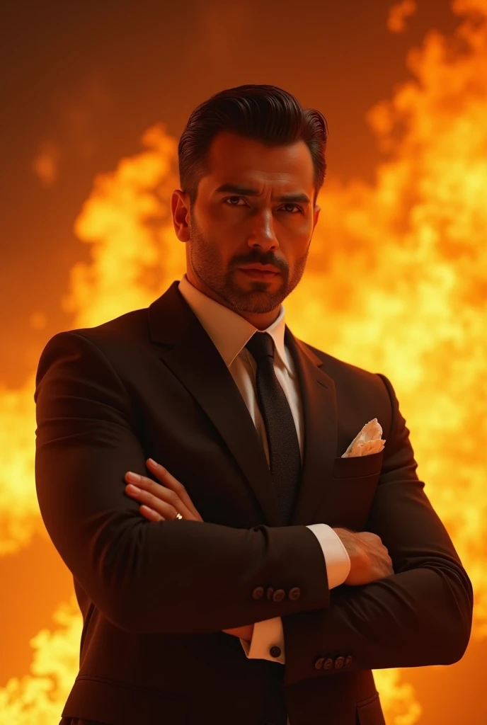 A Man With Suit Dressing And Hand Shape Taking and Face Expressions Very Attractive And Background Fire 