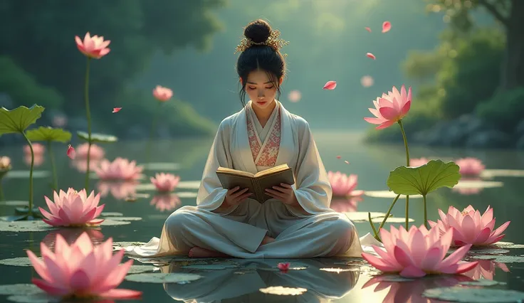 Background lotus flower　Japanese women　fortune teller