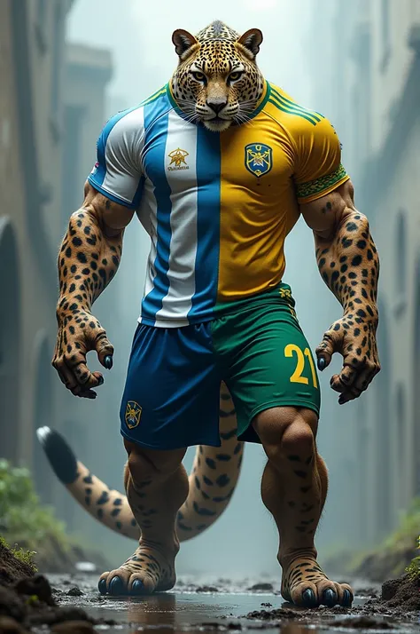 Suddenly his three creatures joined together to create a new creature with a body like Vinicius Jr. and hair like a leopard. There will be large claws on the hands and feet like a leopard. The muscles of the body will be strong. The eyes will be like the f...