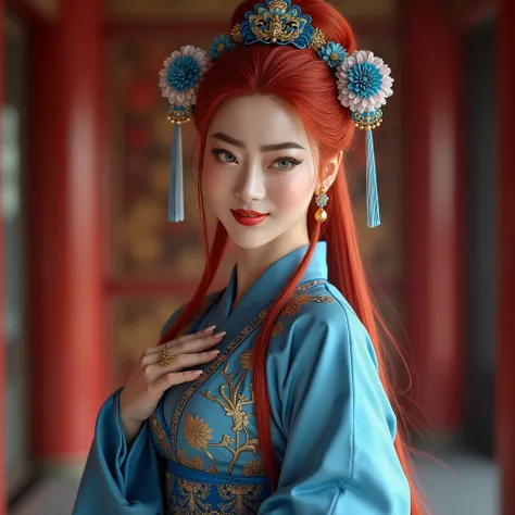 (best quality,4k,8k,highres,masterpiece:1.2),ultra-detailed, 1girl, Chinese literary character Su Daji from Fengshen Yanyi, red hair, blue traditional Chinese dress, cunning, seductive, flirtatious smile, seducing her way through the palace, HDR, 8k, absur...