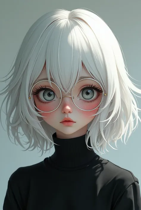 White-haired girl with freckles on her face in the area of the nose and under the eyes with a little red blush, clear round sunglasses dressed in black, very Kawaii with a schizophrenic and crazy side